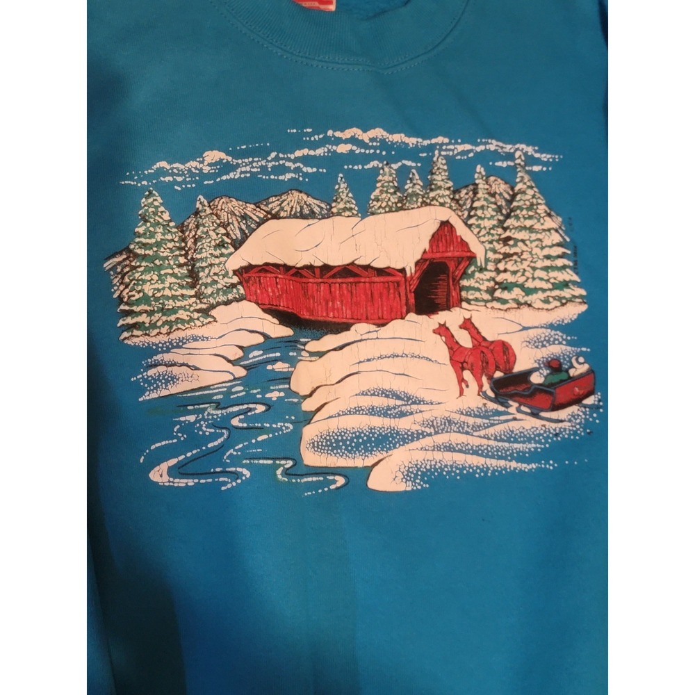 vtg 80s Fruit Of The Loom Graphic Sledding Sz M Turquoise 50/50 Made In USA - Picture 4 of 7